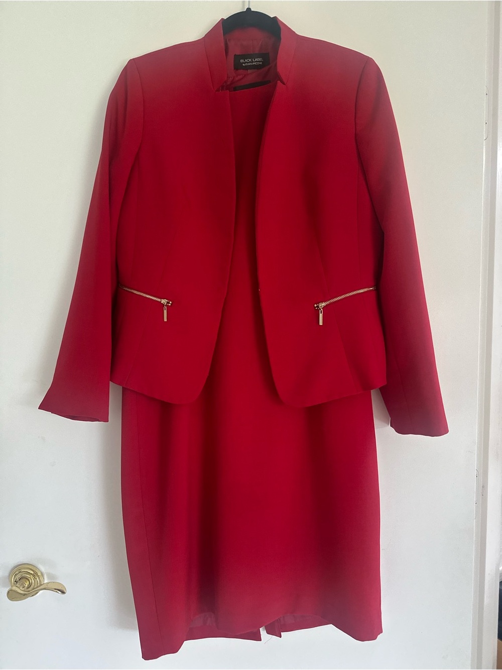 Black Label Bold Red Blazer with Gold Zip Accents and matching Red Sheath Dress